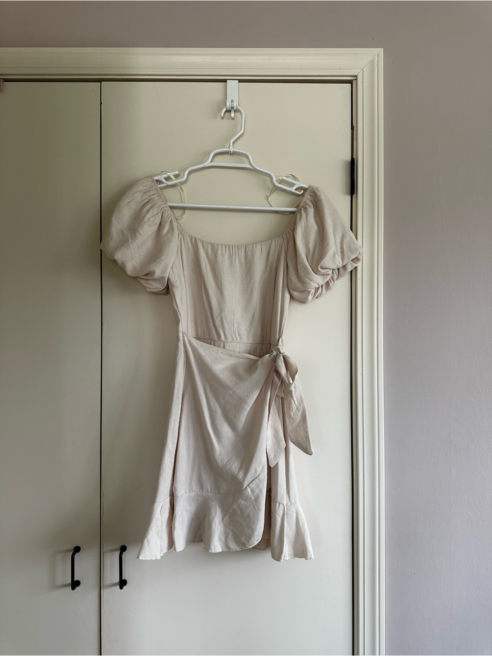 Women's Puff Sleeve Wrap Dress in Light Beige